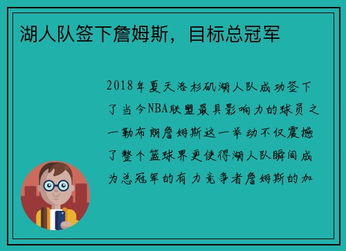湖人队签下詹姆斯，目标总冠军