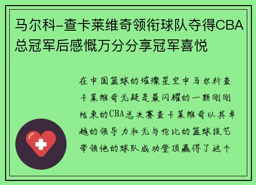 马尔科-查卡莱维奇领衔球队夺得CBA总冠军后感慨万分分享冠军喜悦
