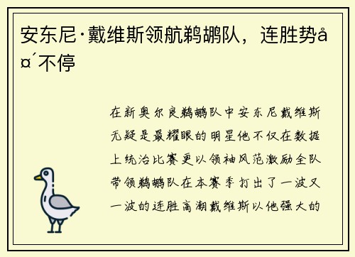 安东尼·戴维斯领航鹈鹕队，连胜势头不停