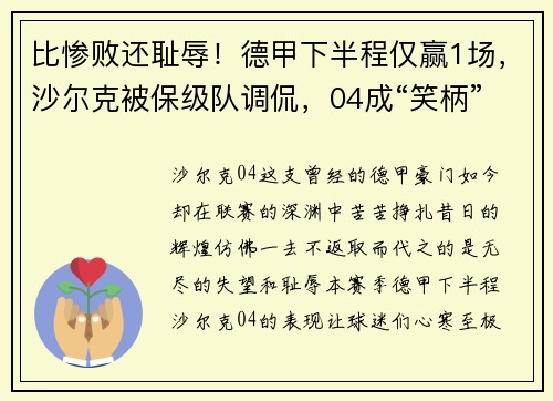比惨败还耻辱！德甲下半程仅赢1场，沙尔克被保级队调侃，04成“笑柄”