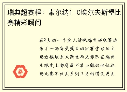 瑞典超赛程：索尔纳1-0埃尔夫斯堡比赛精彩瞬间
