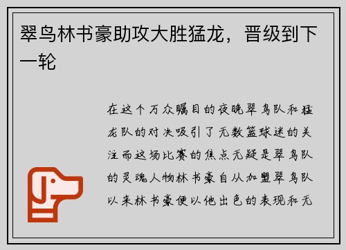 翠鸟林书豪助攻大胜猛龙，晋级到下一轮