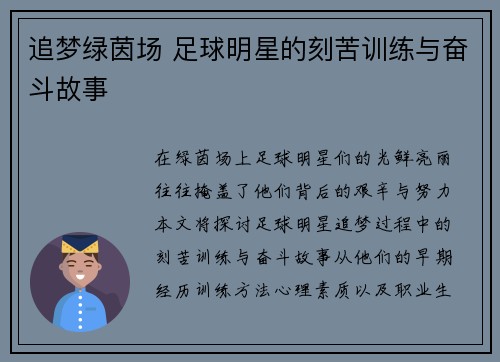 追梦绿茵场 足球明星的刻苦训练与奋斗故事